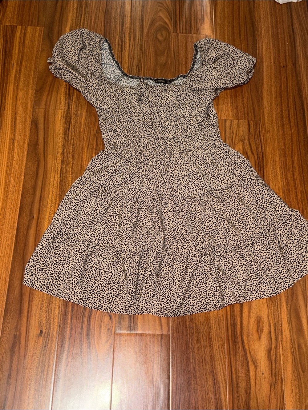 Smocked Puff-Sleeve Mini Dress in Cream and Black Ditsy Print